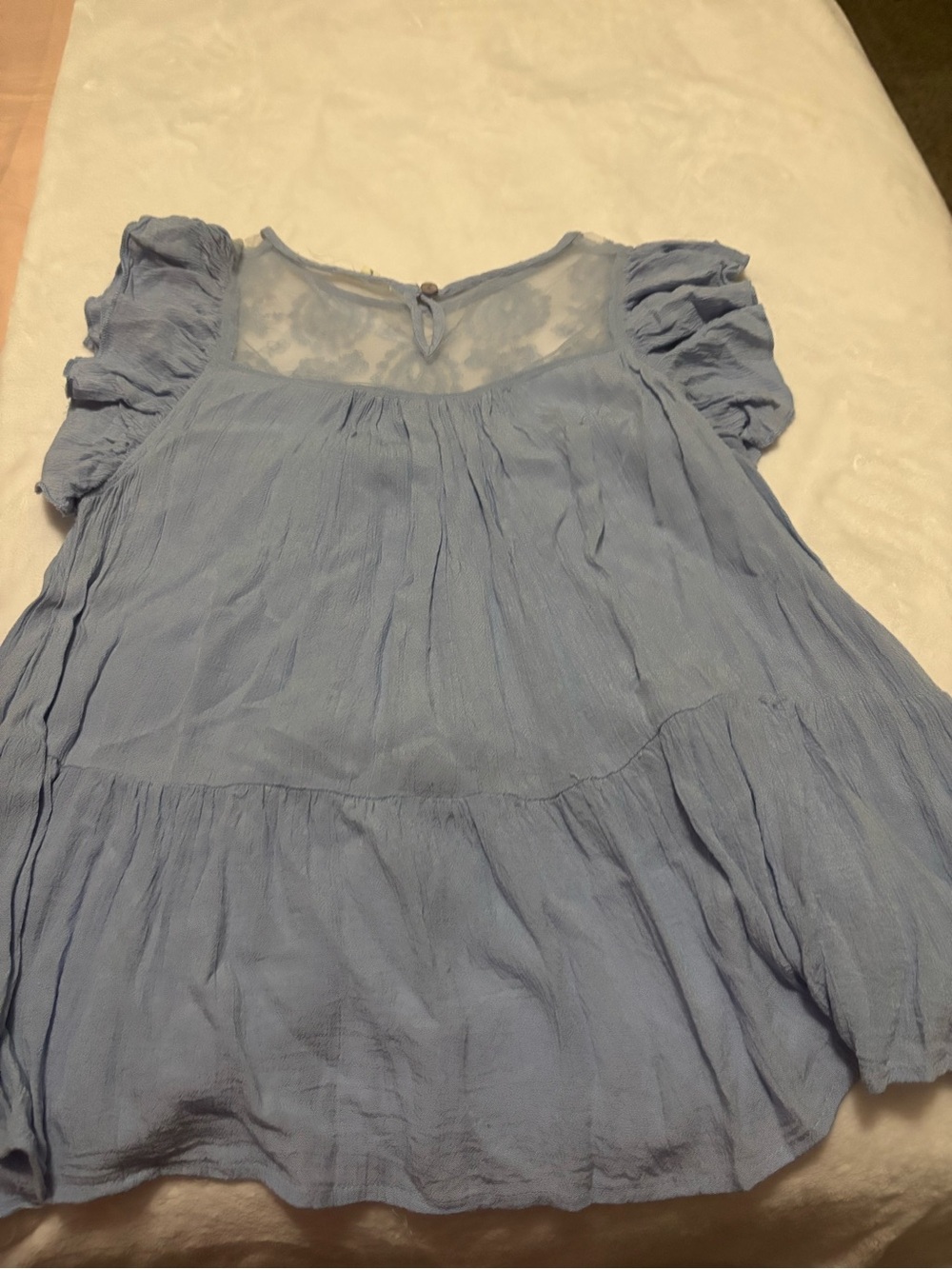 Light Blue Sheer Yoke Ruffle Sleeve Blouse